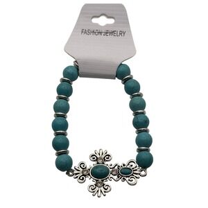 Turquoise‎ Beaded Bracelet with Silver Cross Charm Fashion Jewelry